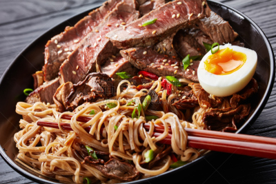 荞麦面,碗,烤牛肉,蔬菜,牛排,暗色,清新,香料,烤的,食品