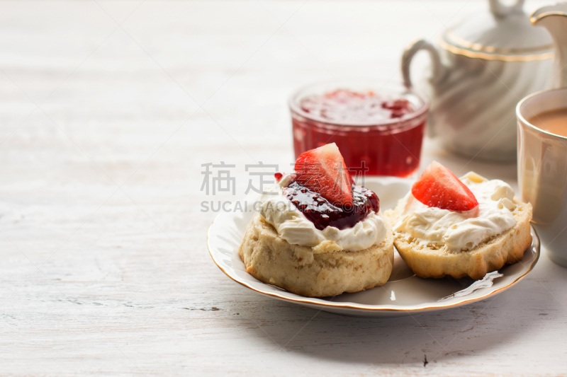 烤饼,下午茶,英格兰,凝乳,英国,饮食,茶壶,水平画幅,无人,成分