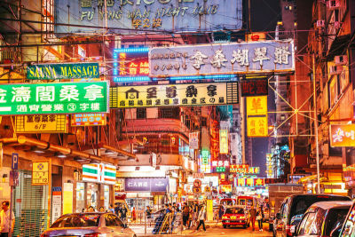 夜晚,霓虹灯,街道,湾仔,九龙,水平画幅,市区路,商店,户外,商业金融和工业