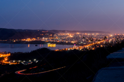 斋浦尔,夜晚,山,都市风景,水上宫殿,亚洲,天线,闪亮的,长时间曝光,黄昏