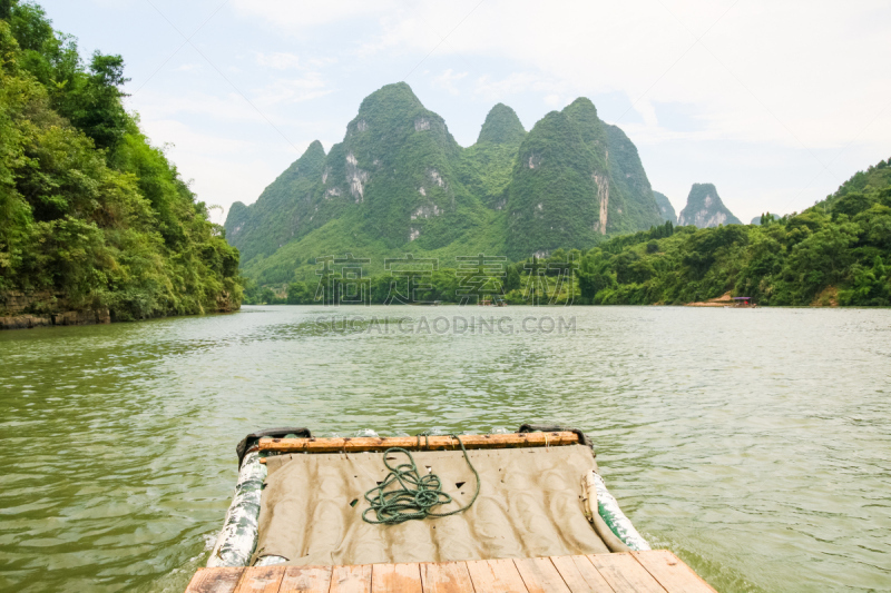 漓江,竹,中国,木筏,海上航道,水,天空,水平画幅,山,无人