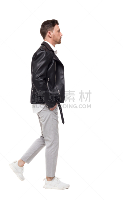 男人,男性美,侧面视角,皮茄克,裤子,商务,专门技术,专业人员,背景分离,仅男人