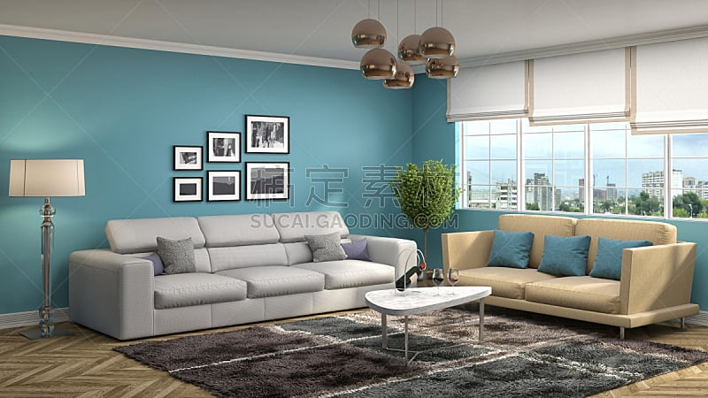 沙发,室内,三维图形,住宅房间,水平画幅,墙,无人,蓝色,装饰物,家具