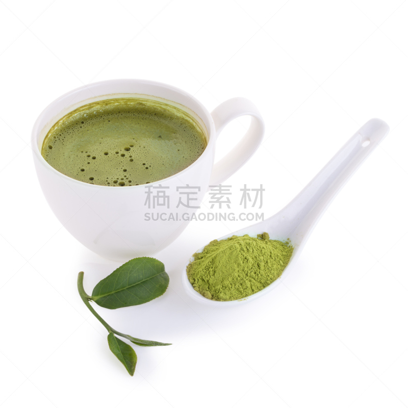 绿茶,杯,汤匙,研磨食品,拿铁咖啡,白色背景,白色,分离着色,茶碟,膳食