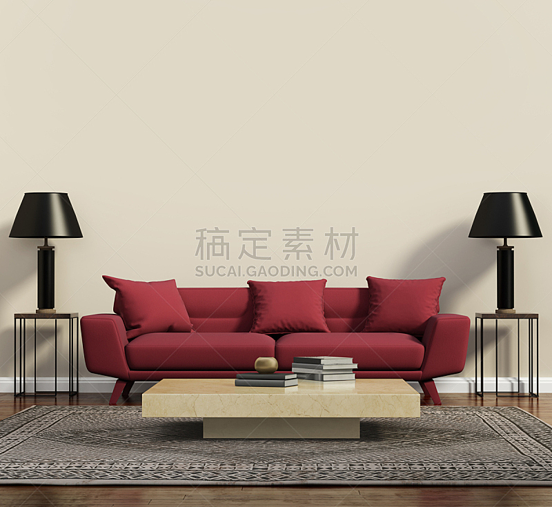 现代,沙发,极简构图,红色,起居室,家居开发,水平画幅,地毯,灯,样板间