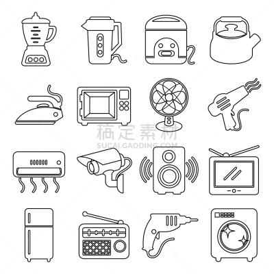 绘画插图,用具,轮廓,图标,分离着色,高雅,白色背景,电饭锅,吹风机,布置