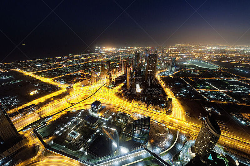迪拜,市区,阿联酋大厦,谢赫扎耶德路,哈利法塔,高架道路,光轨,留白,未来,高视角
