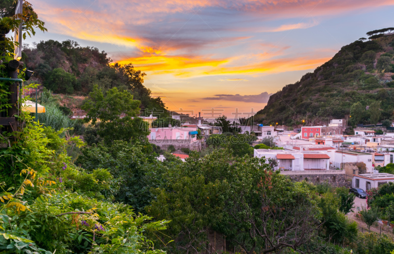 Amazing colors in the sky at Sunset in Lacco Ameno, Ischia, Phlegrean Islands, Tyrrhenian Sea, Italy, South Europe