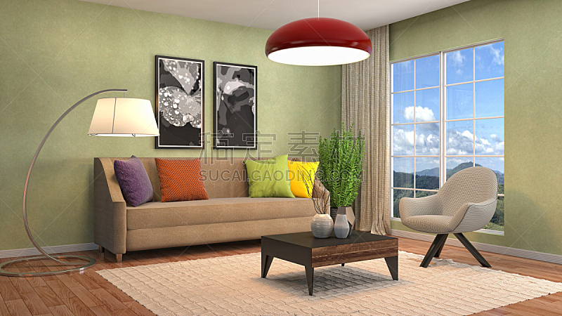 室内,起居室,三维图形,绘画插图,水晶吊灯,扶手椅,花瓶,褐色,座位,水平画幅