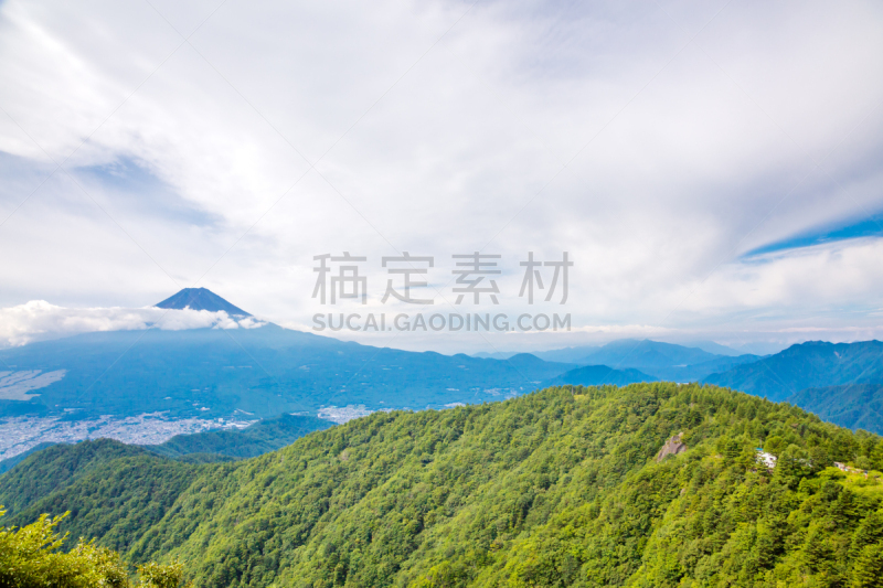 富士山,清新,绿色,天空,美,登山杖,气候,休闲活动,水平画幅,云