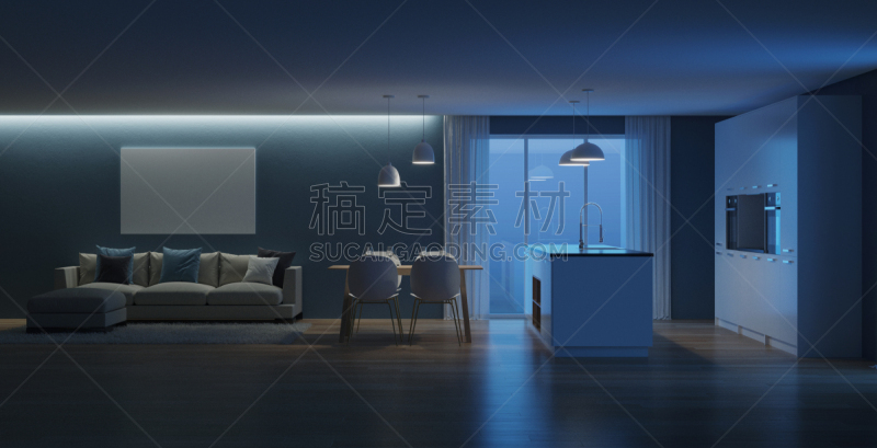 现代,三维图形,房屋,室内,夜晚,抽油烟机,窗帘,舒服,地板,炊具