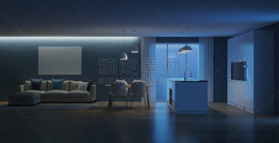 现代,三维图形,房屋,室内,夜晚,抽油烟机,窗帘,舒服,地板,炊具