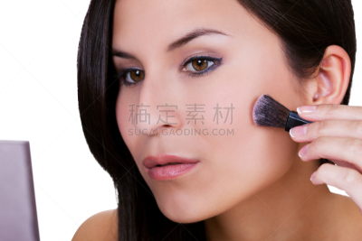 腮红,扑面粉,背景分离,肖像,粉底,颧骨,化妆刷,仅女人,仅一个女人