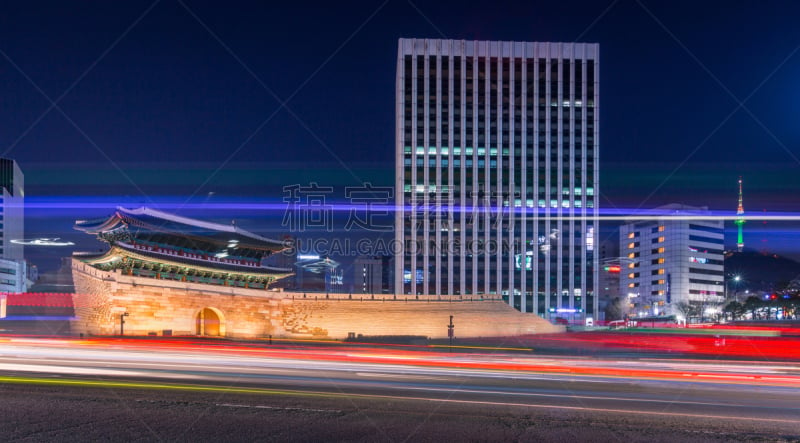 首尔,夜晚,都市风景,韩国,南大门,纪念物,水,天空,水平画幅,无人