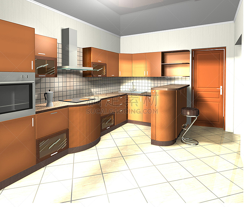 橙色,家具,厨房,三维图形,极简构图,住宅房间,褐色,水平画幅,墙,无人