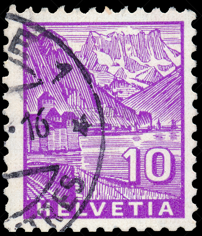 瑞士,西庸城堡,有凹痕的,1934,邮戳,领土行为,垂直画幅,古老的,古典式