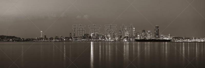 西雅图,城市天际线,哥伦比亚中心,斯密斯塔,西雅图太空针塔,水,美国,水平画幅,建筑,夜晚