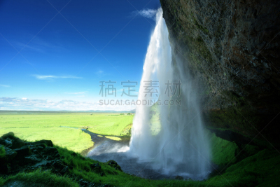 瀑布,夏天,冰岛国,水,天空,美,水平画幅,云,户外,草