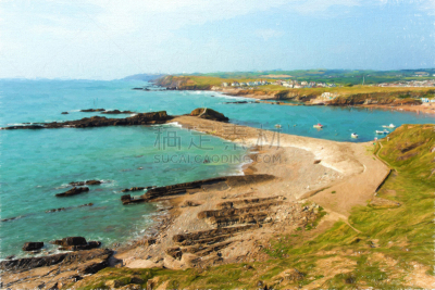 天空,海滩,北,布得,海洋,海岸线,康沃尔,度假胜地,水平画幅,沙子