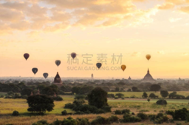 蒲甘,宝塔,热气球,黎明,瑞山陀塔,缅甸,水平画幅,户外,佛塔,非凡的