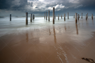 云,沙子,海滩,木制,长的,德国北海地区,白色,百叶窗,波浪,摄影