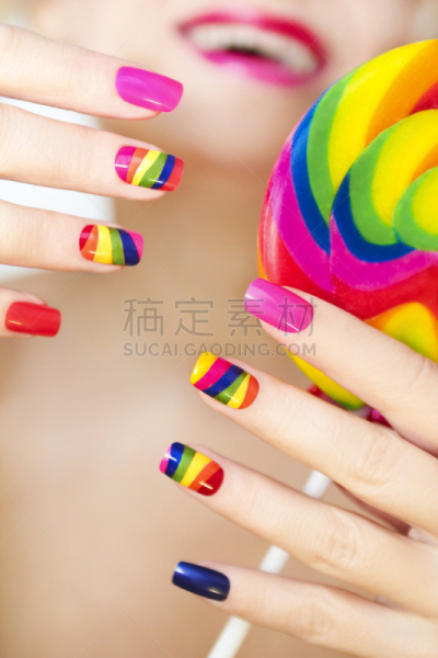 修指甲,彩虹,垂直画幅,四肢,夏天,人工指甲,橙色,橙子,彩色图片,丙稀画