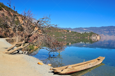 泸沽湖,云南省,丽江,水,天空,水平画幅,无人,夏天,户外,湖