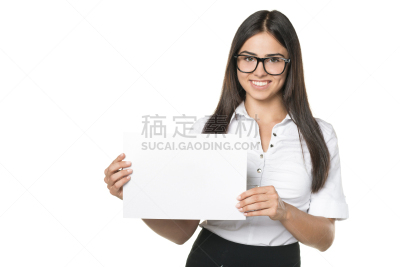 白色,青年女人,空白的,拿着,标志,评论员,正面视角,留白,文档,仅成年人