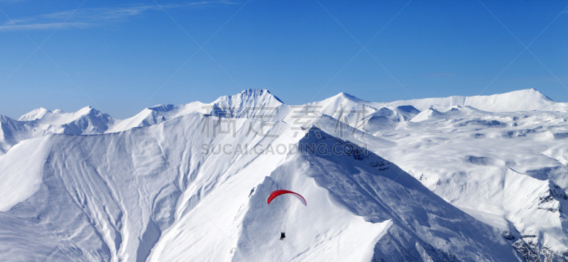 天空,高处,山,全景,风筝滑雪,冲浪风筝,高崖跳伞,高加索山脉,非滑雪场地的滑雪,滑雪板