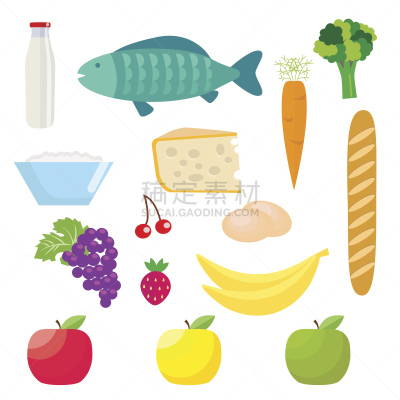 奶制品,绘画插图,矢量,香蕉,葡萄,商品,奶酪,鱼类,蔬菜,健康食物
