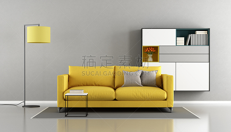黄色,沙发,起居室,极简构图,餐具柜,软垫,水平画幅,墙,无人,灯