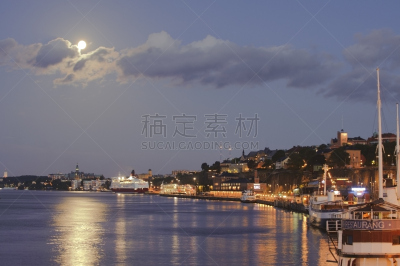 夜晚,斯德哥尔摩,在上面,水,天空,水平画幅,泰晤士河河堤,无人,海港,月亮