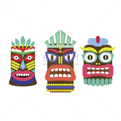 提基,面具,卡通,矢量,图腾柱,沙滩派对,部落艺术,古代,绘画插图,动物身体部位