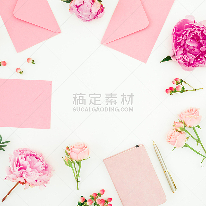 信封,情人节,桉树,牡丹,白色背景,粉色,概念,风景,边框,上装