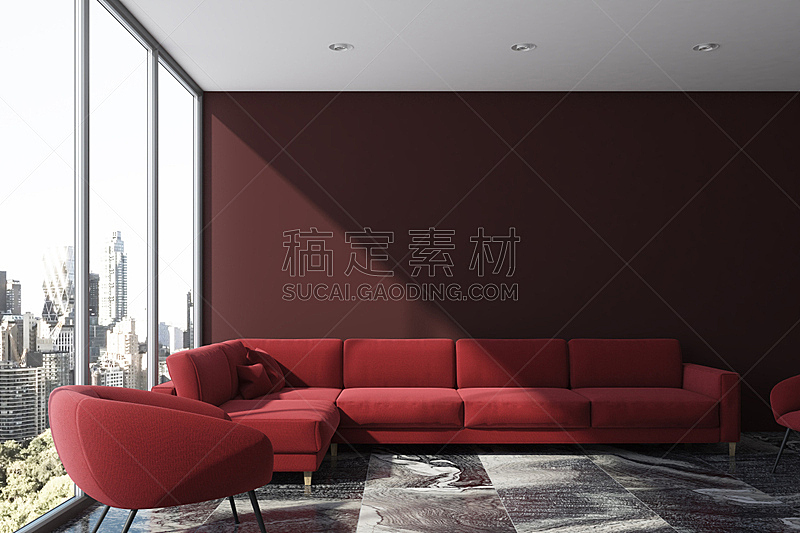Purple living room, red sofa, armchair
