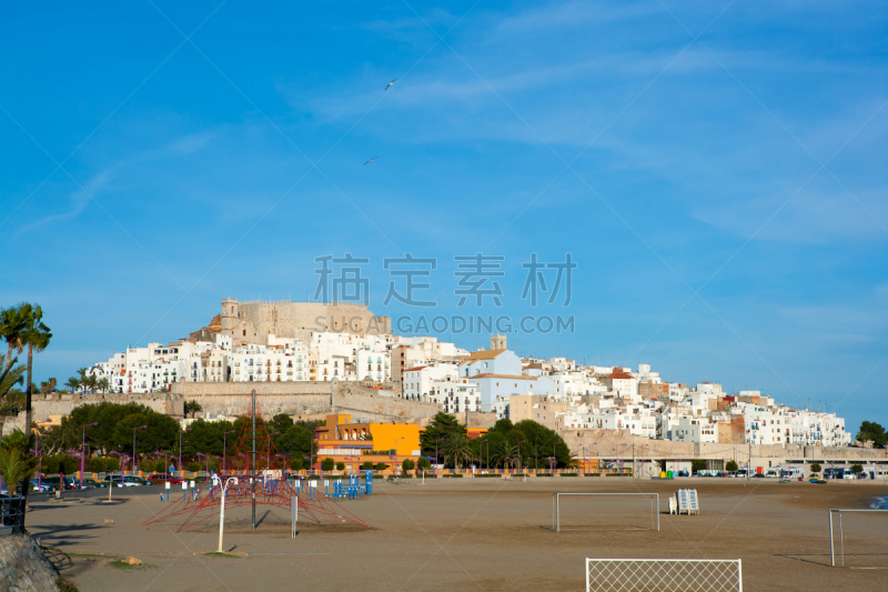 潘尼斯可拉,海滩,西班牙,城堡,卡斯特利翁,卡斯特利翁省,巴伦西亚省,水平画幅,沙子,无人