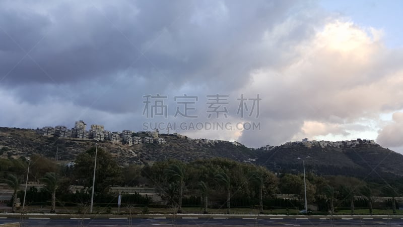 天空,山,海法,黄昏,城市,居住区,水平画幅,无人,夏天,户外