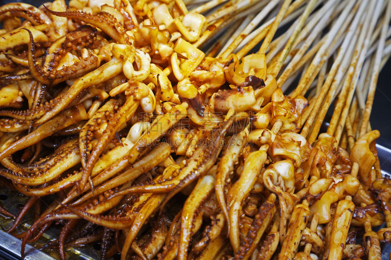 街头食品,格子烤肉,桂林,鱿鱼,街道,商人,烤的,食品,烤肉架,中国