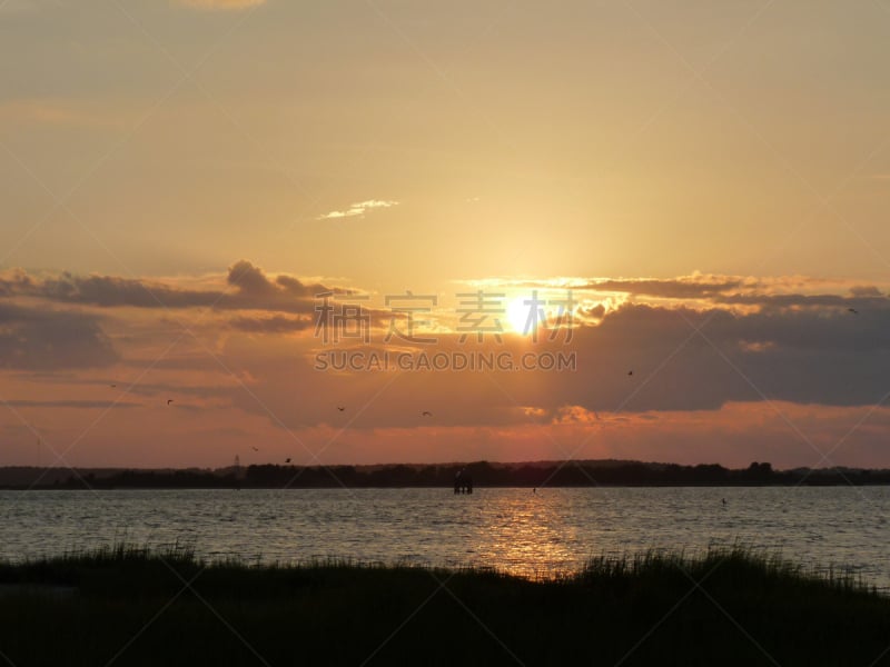 北卡罗来纳,水湾,barrier islands,海洋,赖茨维尔海滩,在上面,天空,水平画幅,无人,运河