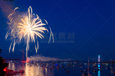 美国国庆日,放焰火,美国,水平画幅,无人,海港,新英格兰,马布尔海德,滨水,摄影