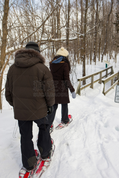 穿雪鞋走路运动,瀑布,森林,伴侣,雪鞋,旅途,肖像,雪,加拿大,女人