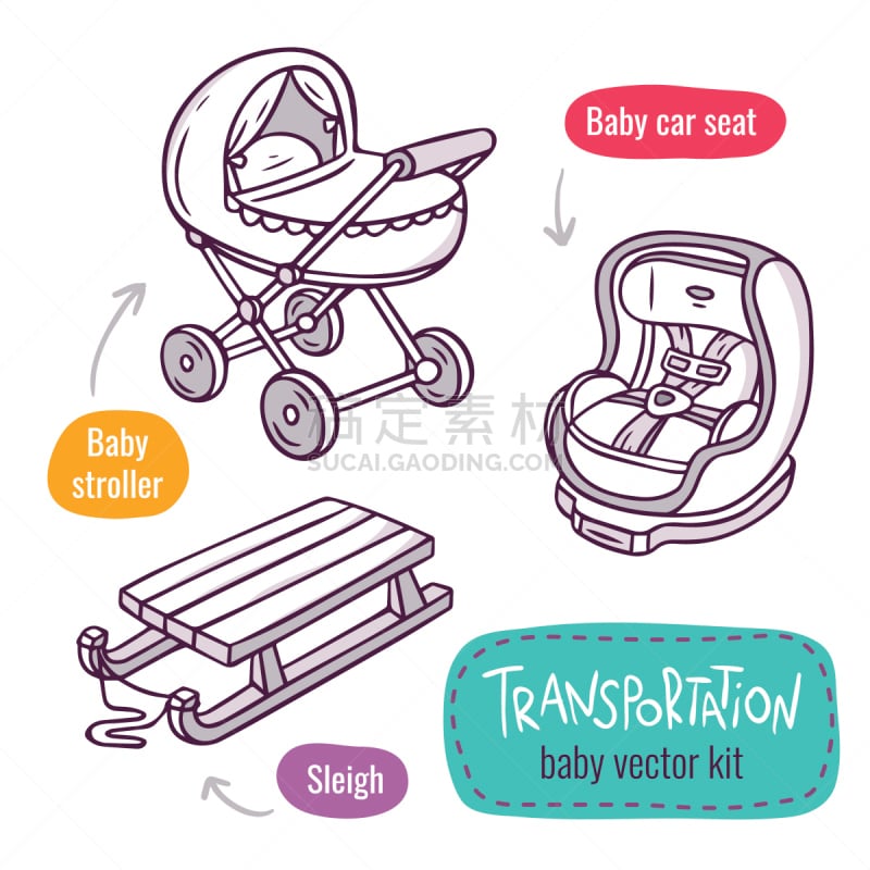 Baby stroller, car seat and sleigh - vector icon set