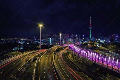 夜晚,奥克兰,公路,城市天际线,天空塔,天空,新的,水平画幅,无人,交通