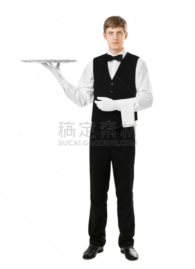 男招待,全身像,拿着,高雅,男性美,空的,注视镜头,半球形盘,管家,马甲