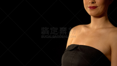 女人,高雅,美,黑色背景,概念,黑色连衣裙,年龄,成年的,嘴唇,时装模特