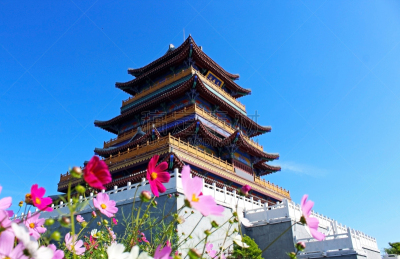 寺庙,福字,吉林省,大波斯菊,运气,性格,天空,水平画幅,无人,蓝色