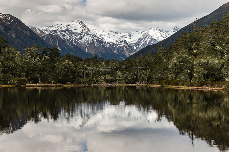 湖,新西兰,南,阿尔卑斯山脉,暴风雨,水平画幅,雪,无人,南方山毛榉,全景