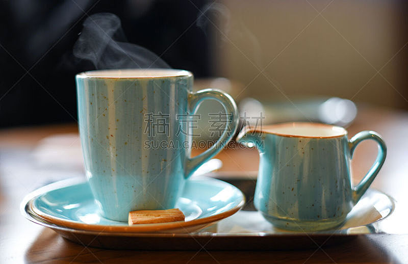 蓝色,下午茶,饮料,热,咖啡杯,杯,茶碟,食品,卡布奇诺咖啡,餐具