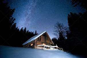 冬天,房屋,星星,木制,自然美,森林,在下面,天空,星系,夜晚