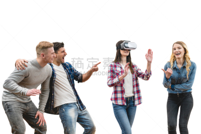 幸福,白色背景,四个人,乐趣,人,虚拟现实,数字化显示,休闲游戏,背景分离,人类居住地